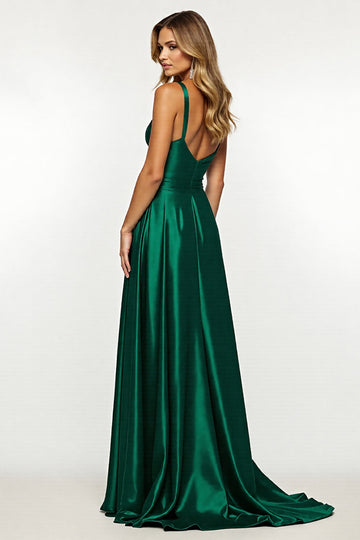 Dark Green Satin A Line Long Formal Dress with Slit